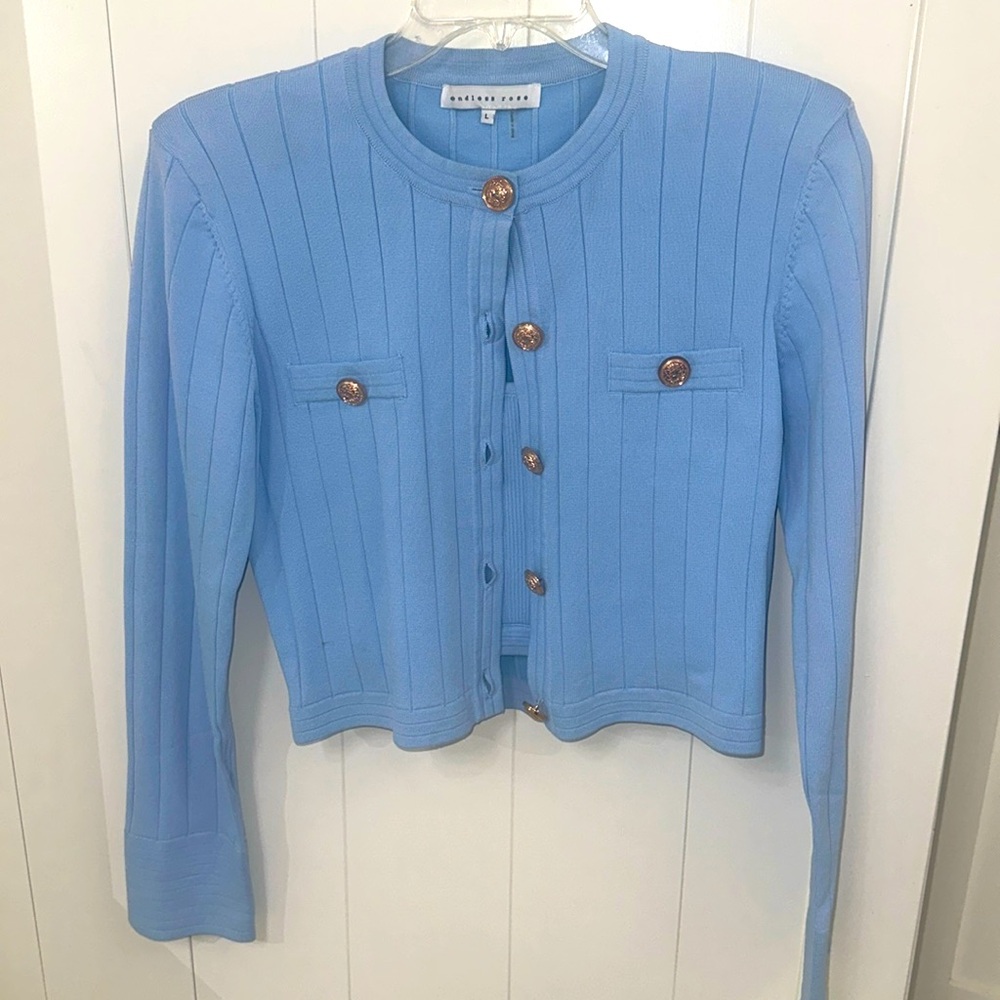 NWOT Endless Blue Cropped blazer and matching cropped tank. Powder Blue. Large